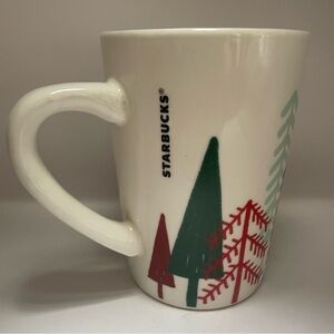 Starbucks Holiday White with Green and Red Trees Coffee Mug (14oz)